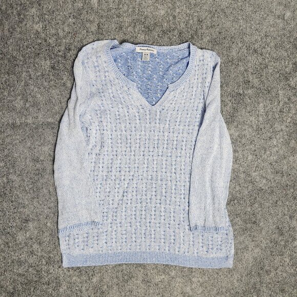Tommy Bahama‎ Linen Sweater Women M Blue Cable Knit Fisherman Long Sleeve V Neck - Picture 1 of 6